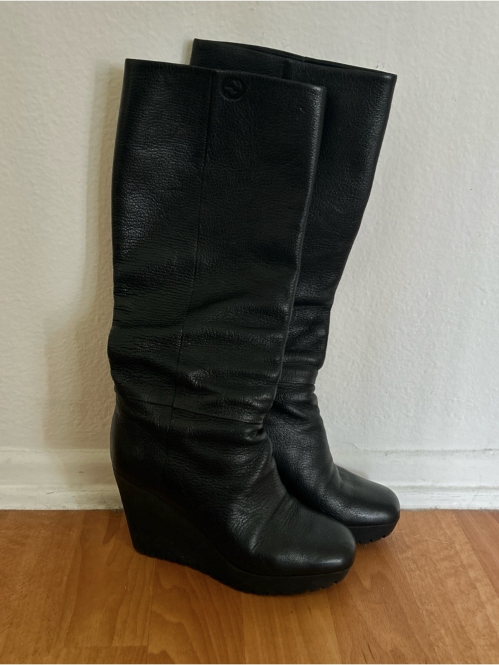 Gucci Black Leather Wedge Knee-High Boots